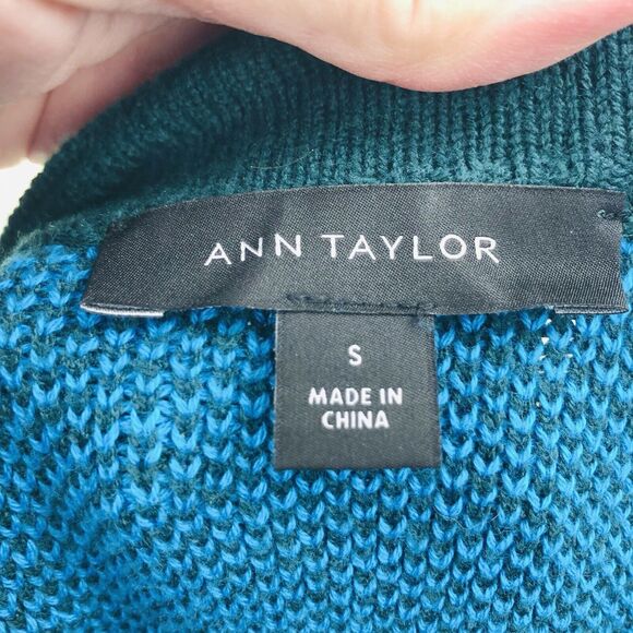 Ann Taylor Sweater Women’s Small Houndstooth Mock Neck Teal & Green Cotton Blend - Picture 7 of 11